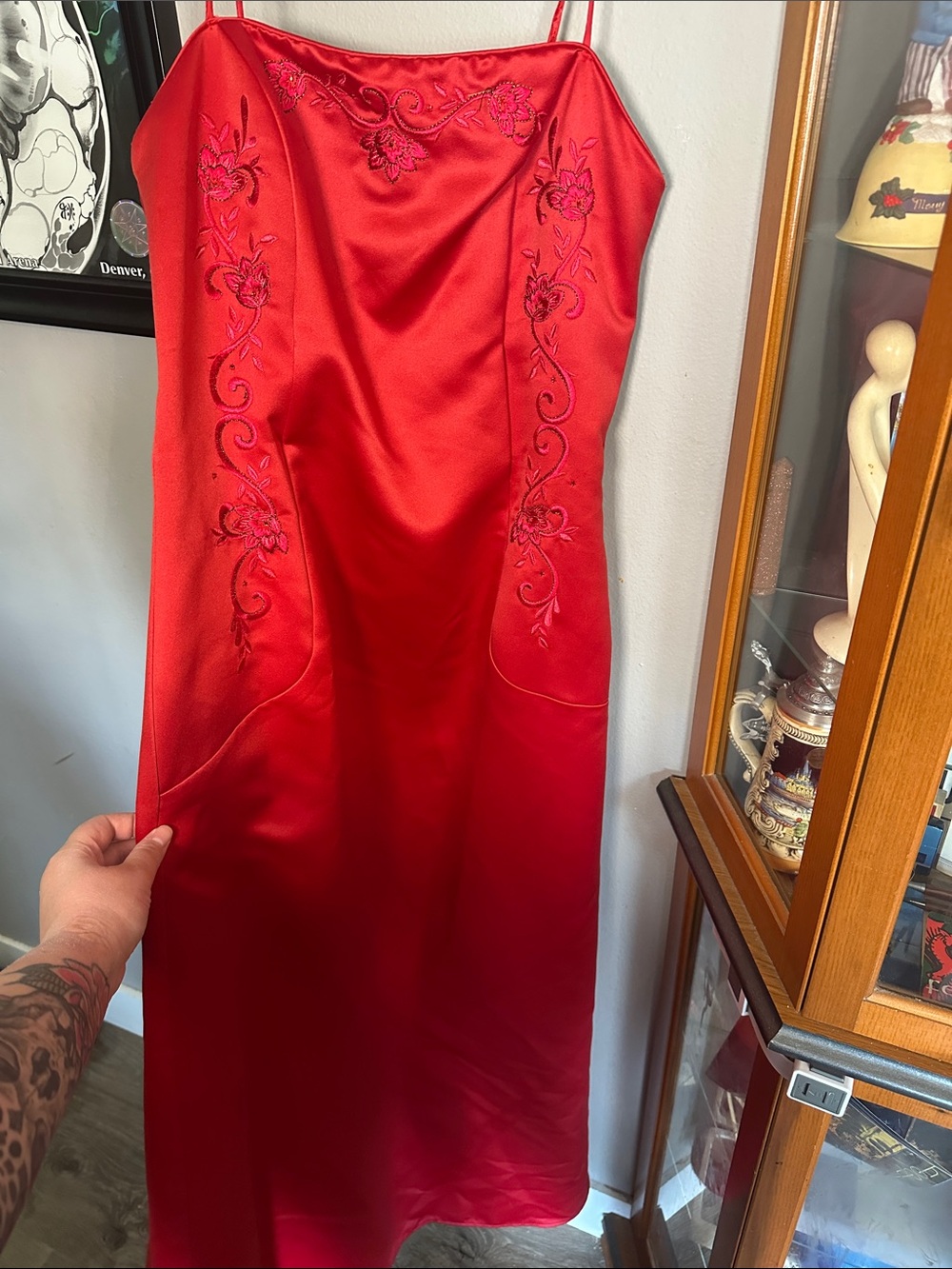 Scott McClintock Red Satin Embroidered Evening Dress